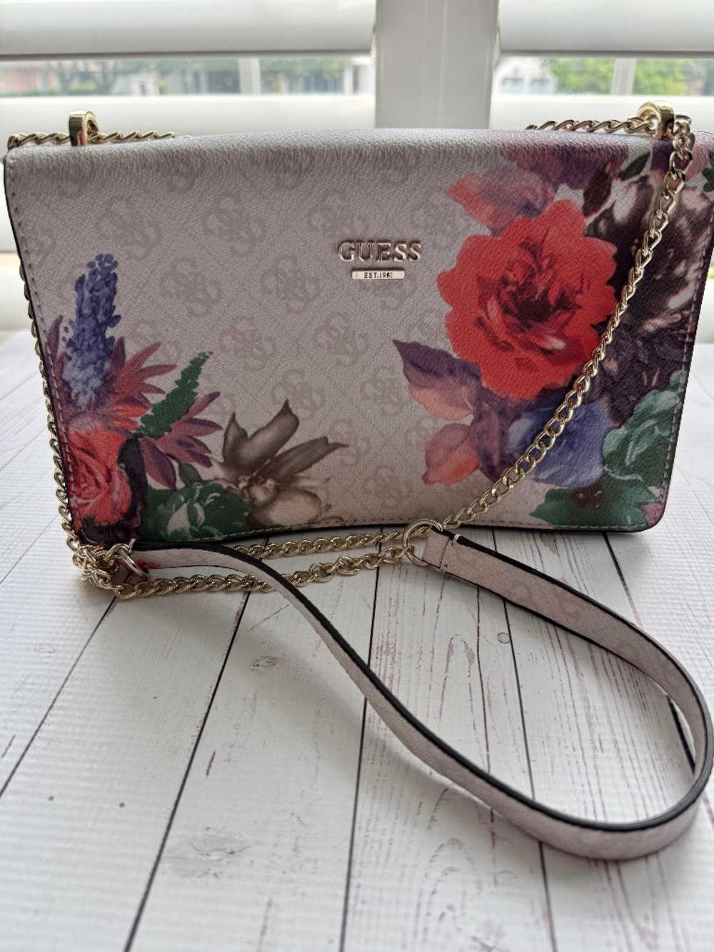 Guess Floral Crossbody Bag with Gold Hardware and Chain Strap